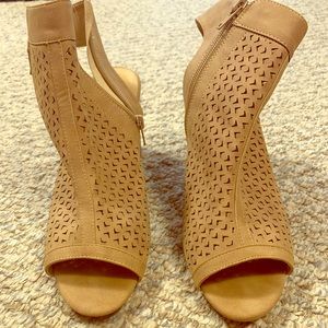 Tan peep toe block heels